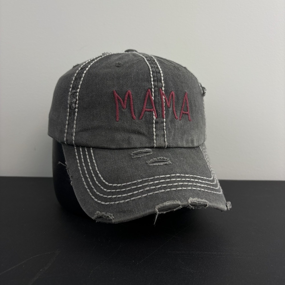 Washed Charcoal Distressed Mama Mom Hat Thick White Stitching Frayed Gift Cap